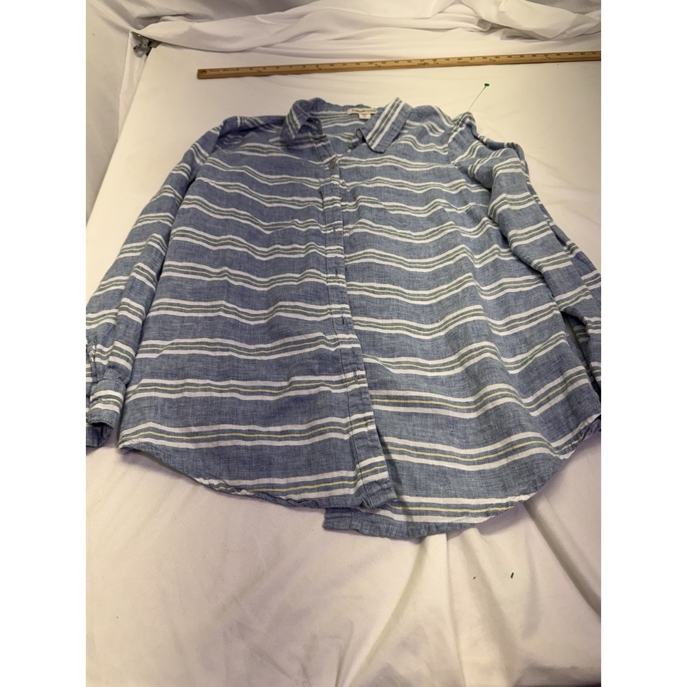 Coldwater Creek Sz S Lm Linen‎ Coastal Shirt Roll Tab Sleeve Blue White Stripe